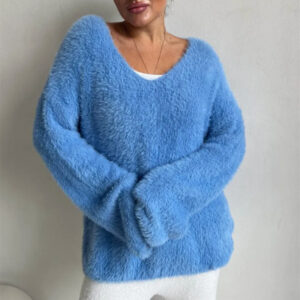 Women's Solid-Colored Long-Sleeve V-Neck Faux Mink Velvet Knit Sweater