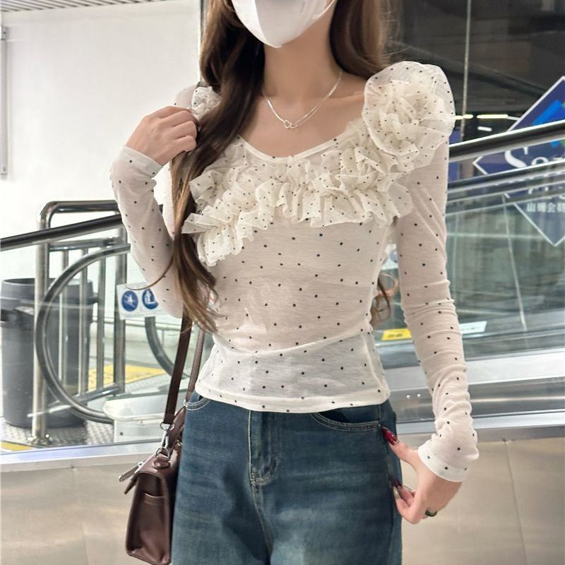 Slim-fit Polka-dot Lace Long-sleeve Shirt 6 Slim-fit Polka-dot Lace Long-sleeve Shirt - Image 6