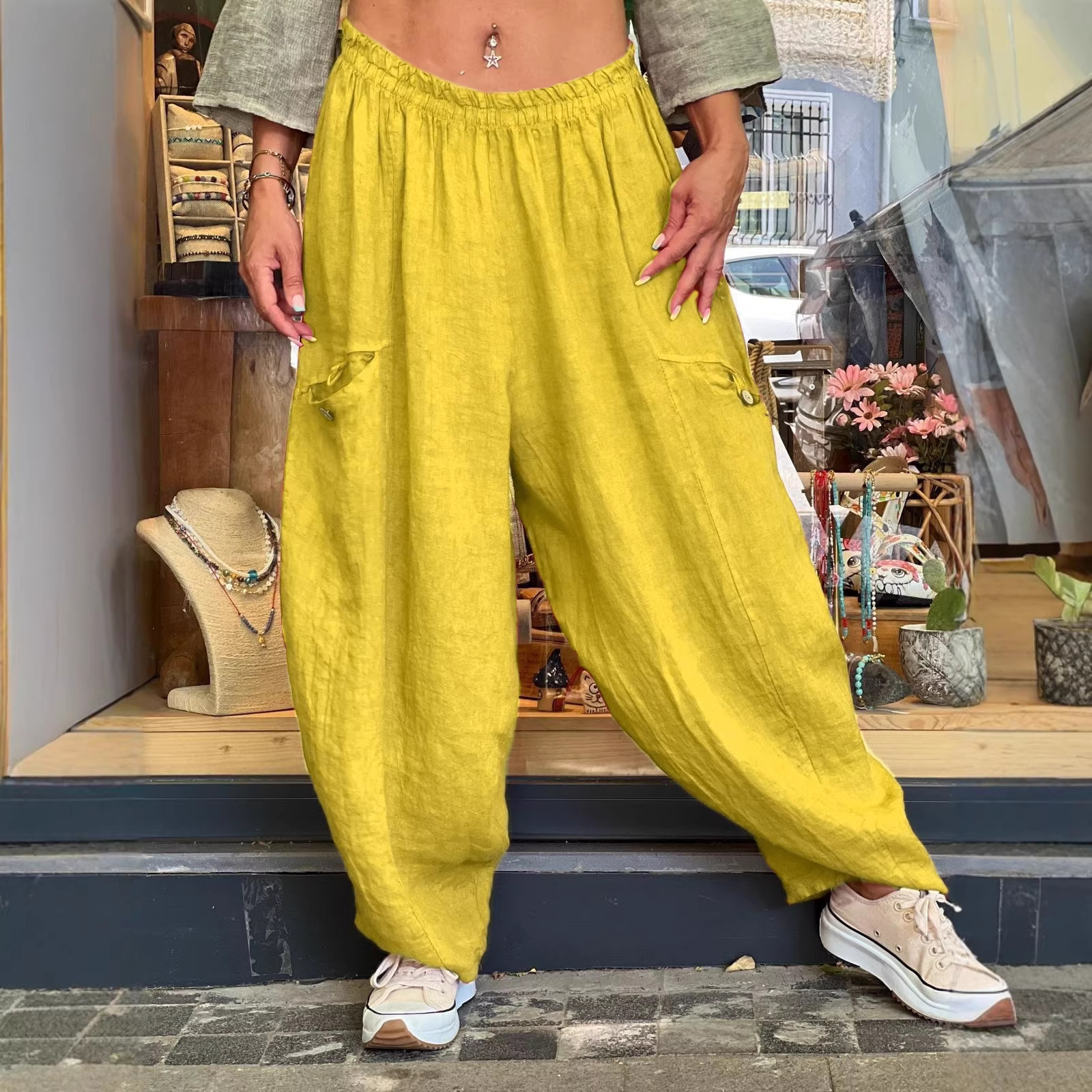 AutumnWinter Cotton-Linen Womens Long Solid-Color Pockets Loose Pants 8 AutumnWinter Cotton-Linen Womens Long Solid-Color Pockets Loose Pants - Image 8