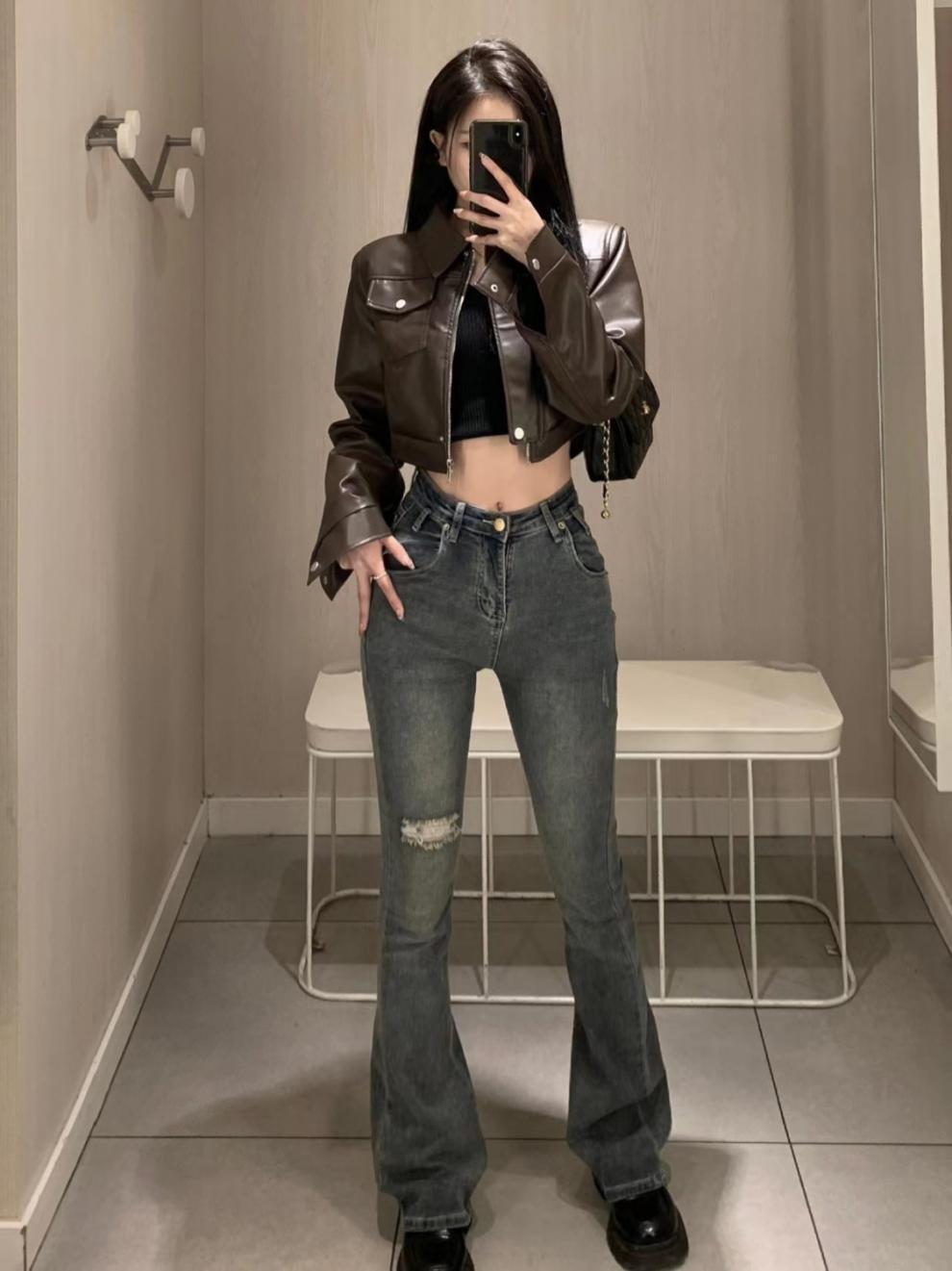 American Retro Sweet Cool Hot Girl Style Coffee Color Leather Coat Motorcycle Jacket Top 7 American Retro Sweet Cool Hot Girl Style Coffee Color Leather Coat Motorcycle Jacket Top - Image 7