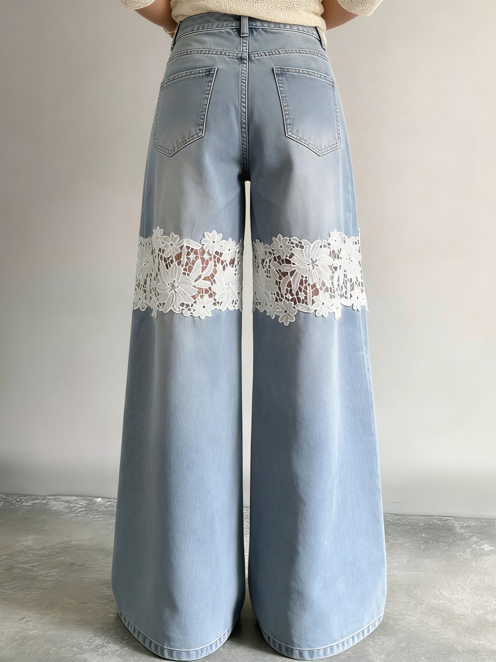 Women's Light Wash Lace Insert Wide Leg Jeans 3 Women's Light Wash Lace Insert Wide Leg Jeans - Image 3