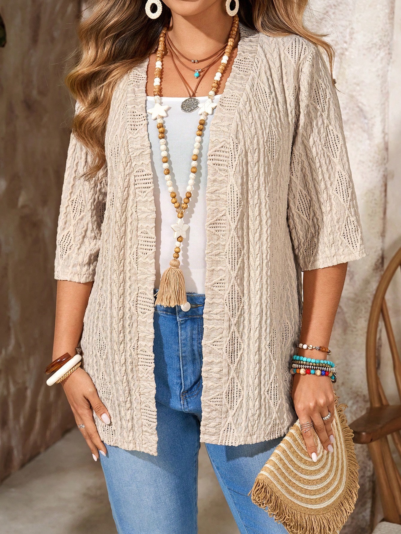 Women's Plus-Size Casual Hollow-Out Cardigan Solid-Colored Top 8 Women's Plus-Size Casual Hollow-Out Cardigan Solid-Colored Top - Image 8