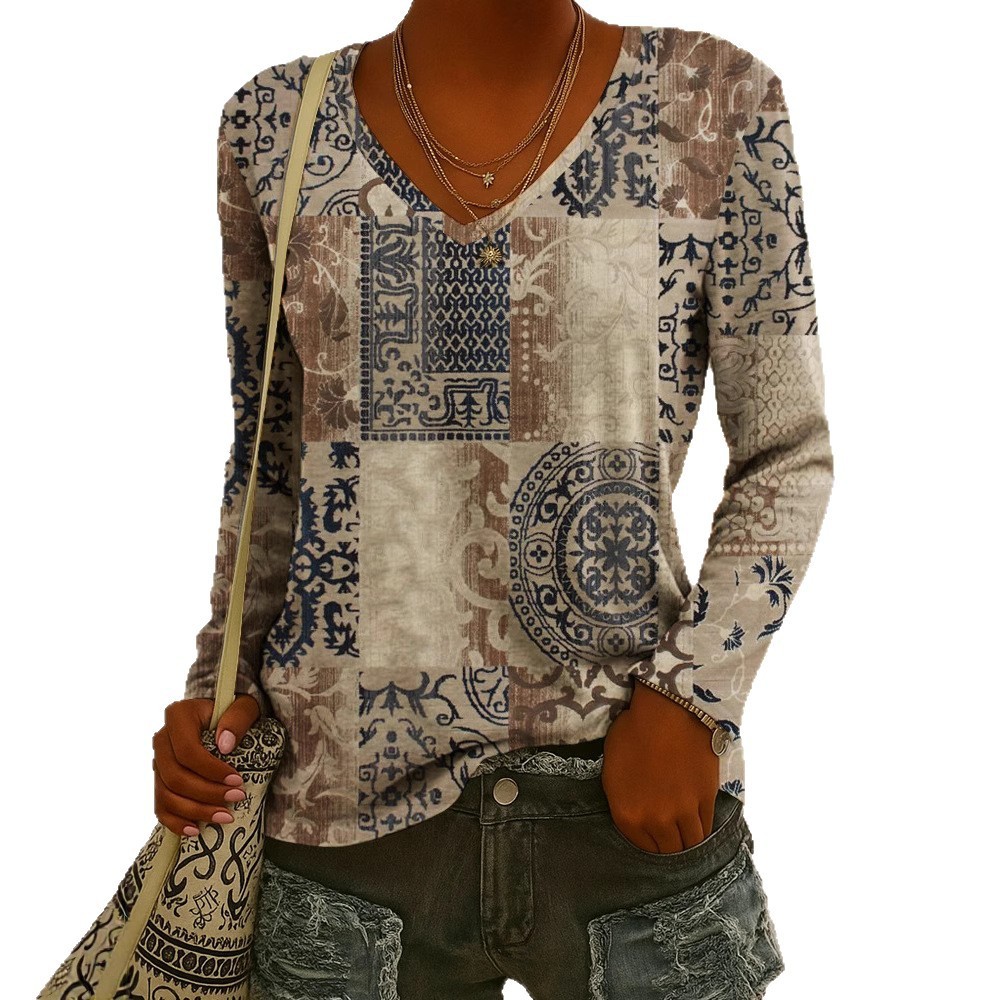 Fashionable Ethnic-Style Printed V-Neck Long-Sleeve T-Shirt 5 Fashionable Ethnic-Style Printed V-Neck Long-Sleeve T-Shirt - Image 5