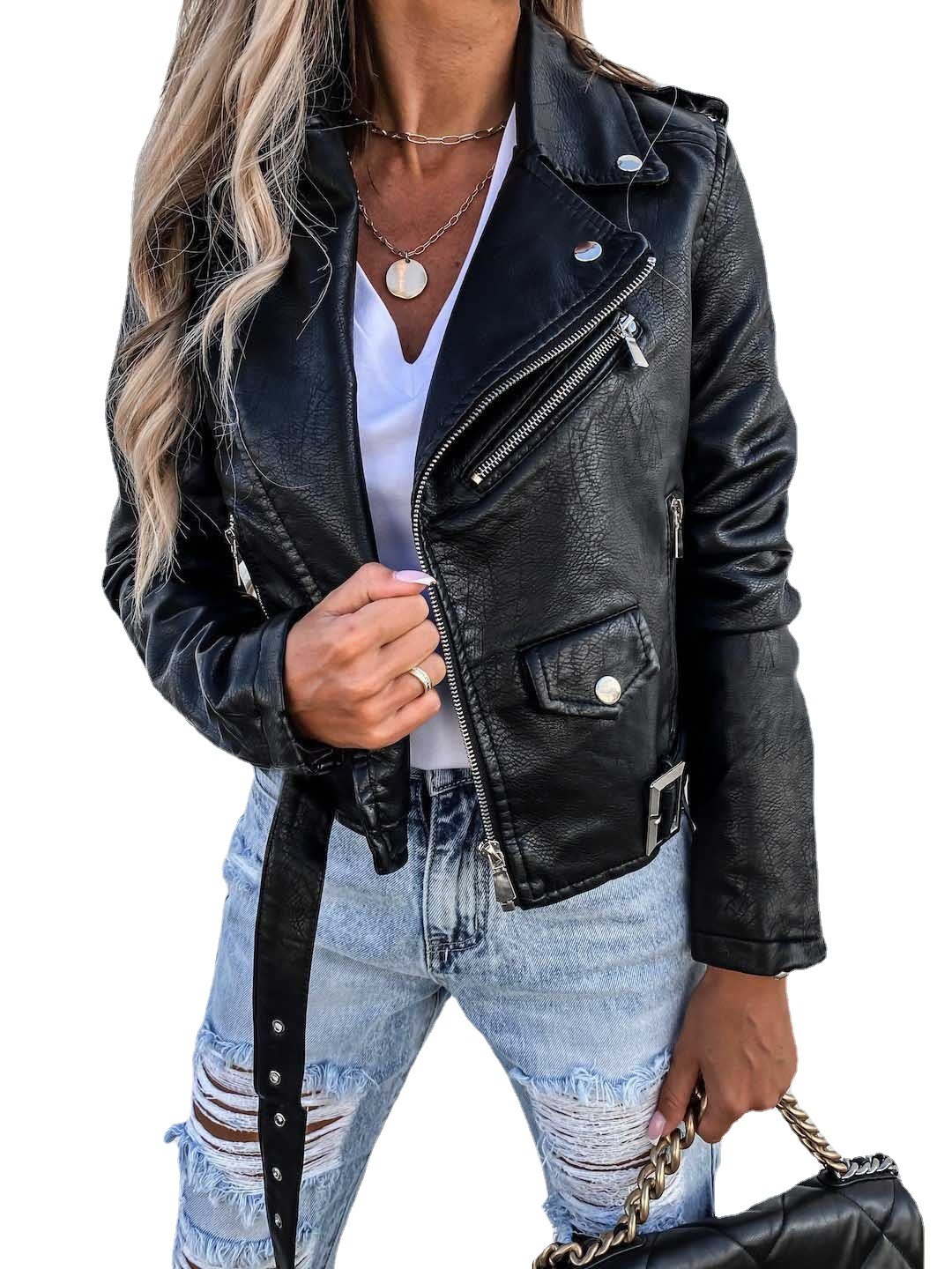 Jacket Top PU Leather Coat Short Zipper 2 Jacket Top PU Leather Coat Short Zipper - Image 2