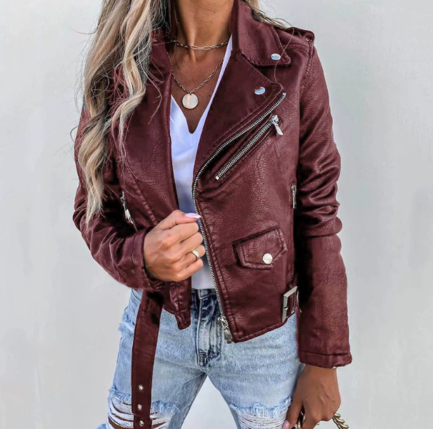 Jacket Top PU Leather Coat Short Zipper 6 Jacket Top PU Leather Coat Short Zipper - Image 6