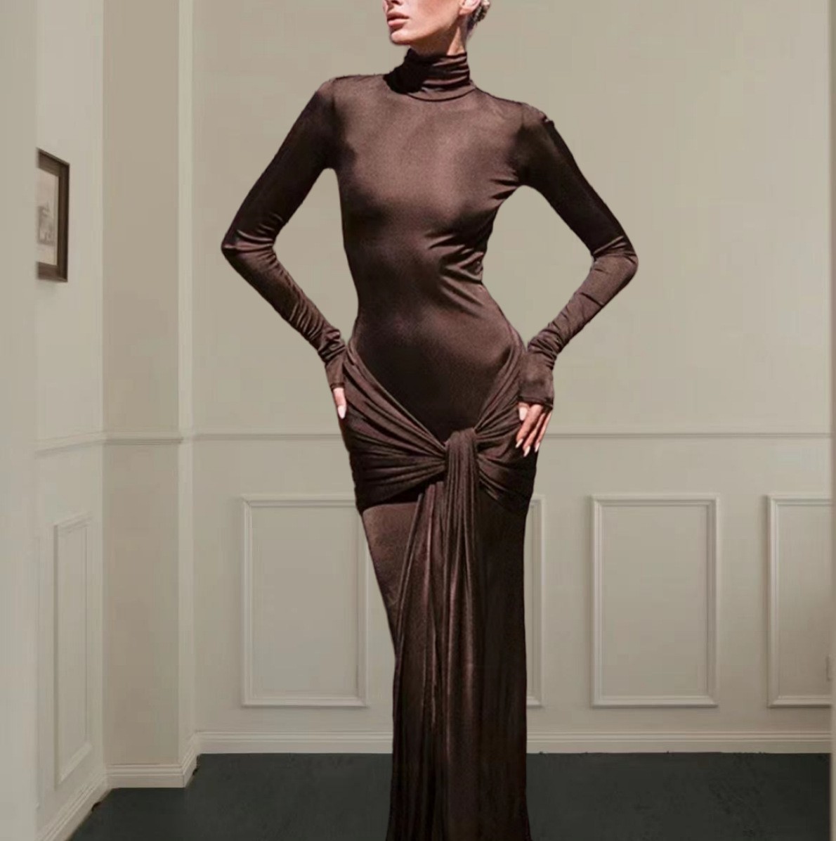 High Collar Solid Color European And American High-end Lace-up Design Dress 5 High Collar Solid Color European And American High-end Lace-up Design Dress - Image 5