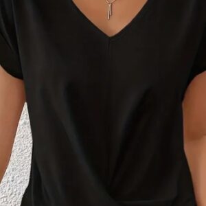 Knot V Neck T-Shirt, Casual Short Sleeve T-Shirt For Spring & Summer, Women's Clothing