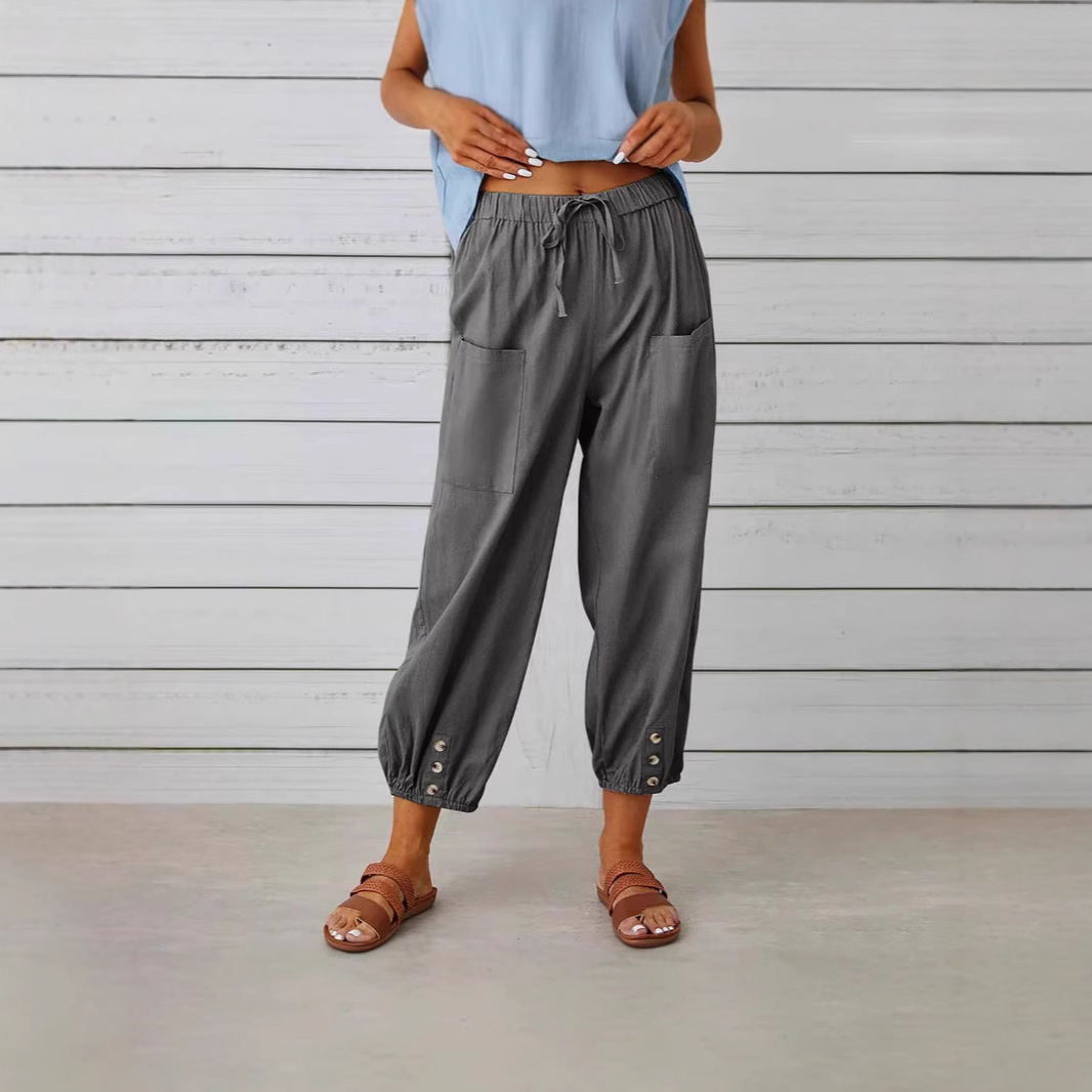 Buttoned Two-tone Linen Cropped Harem Pants 3 Buttoned Two-tone Linen Cropped Harem Pants - Image 3