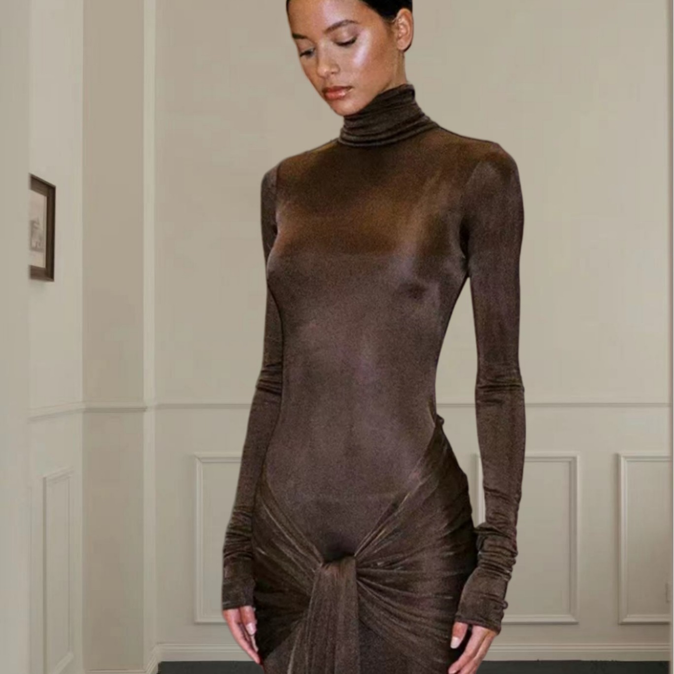 High Collar Solid Color European And American High-end Lace-up Design Dress 2 High Collar Solid Color European And American High-end Lace-up Design Dress - Image 2