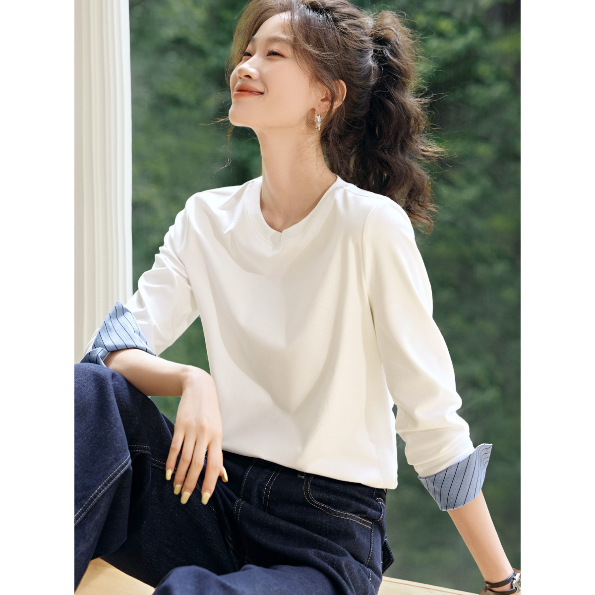 Autumn Round Neck Contrast Color Patchwork Striped Long Sleeve 5 Autumn Round Neck Contrast Color Patchwork Striped Long Sleeve - Image 5