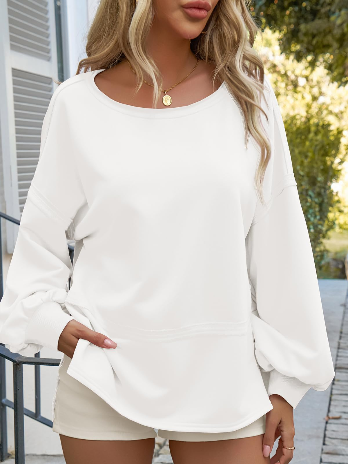 Fisoew Womens Casual Crewneck Sweatshirts Lantern Long Sleeve Side Slit Loose Sweatshirt Fall Crop Pullover Tops 4 Fisoew Womens Casual Crewneck Sweatshirts Lantern Long Sleeve Side Slit Loose Sweatshirt Fall Crop Pullover Tops - Image 4