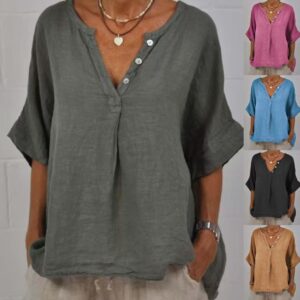Cotton-linen Solid-color Door-cuff V-neck Button-up Shirt