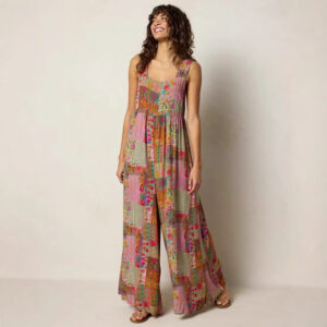 Patchwork Retro Suspender Wide-Leg Stretch Casual Jumpsuit