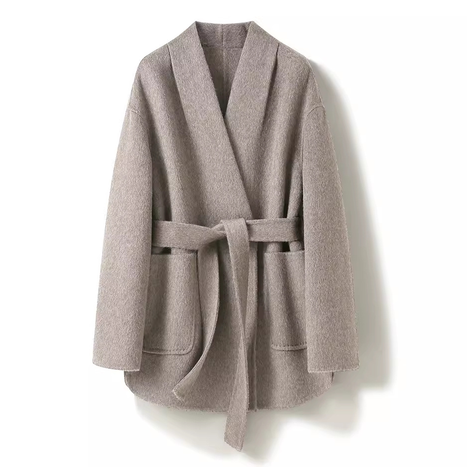 Camel-wool V-neck Wool Double-faced Wool Belted Coat 3 Camel-wool V-neck Wool Double-faced Wool Belted Coat - Image 3