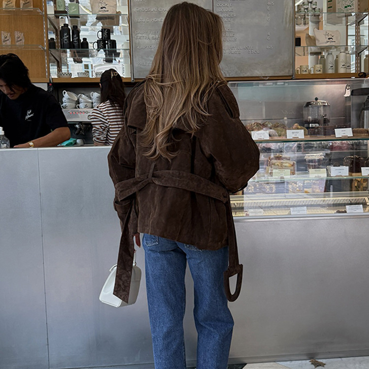 Retro Brown Lace-Up Suede Jacket For Women 2 Retro Brown Lace-Up Suede Jacket For Women - Image 2