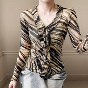 Fashionable Sheer Mesh Floral Long-Sleeve Top For Women