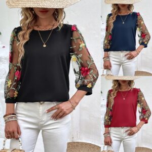 Women's Casual Mesh Black Patchwork Top