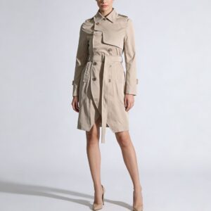 Womens Fashion Solid-Color Long-Sleeve Trench Coat With A Turn-Down Collar And Lace-Up Details