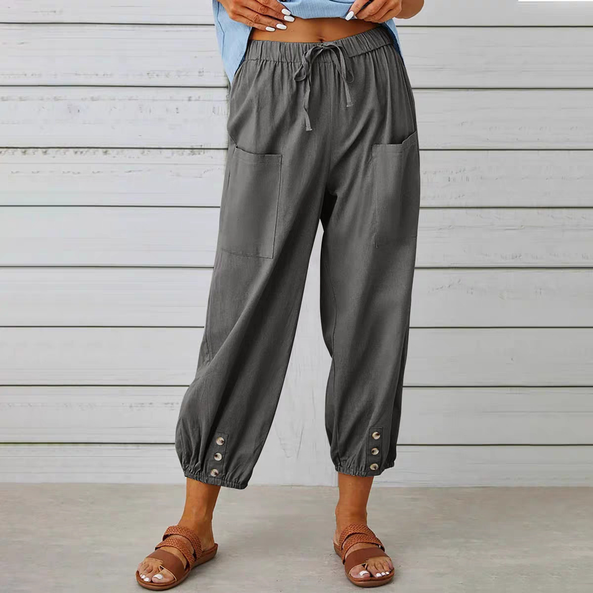 Buttoned Two-tone Linen Cropped Harem Pants 6 Buttoned Two-tone Linen Cropped Harem Pants - Image 6