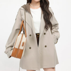 French Hepburn-style Faux Two-piece Hooded Trench Coat