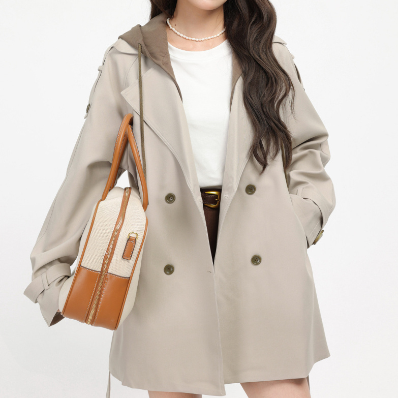 French Hepburn-style Faux Two-piece Hooded Trench Coat 1 French Hepburn-style Faux Two-piece Hooded Trench Coat