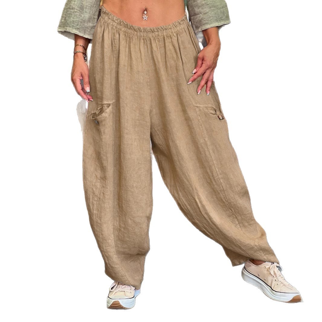 AutumnWinter Cotton-Linen Womens Long Solid-Color Pockets Loose Pants 3 AutumnWinter Cotton-Linen Womens Long Solid-Color Pockets Loose Pants - Image 3
