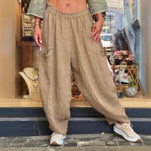 AutumnWinter Cotton-Linen Womens Long Solid-Color Pockets Loose Pants