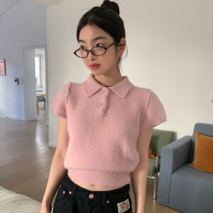 Youthful Polo-neck Two-button Short-sleeve Knit Sweater