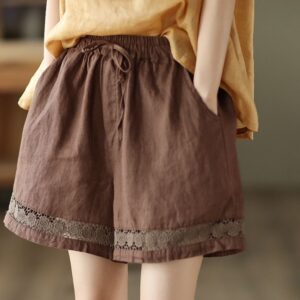 Thin Elastic-Waist Lace-up Hollowed-Out Casual Cotton-Linen Straight Pants