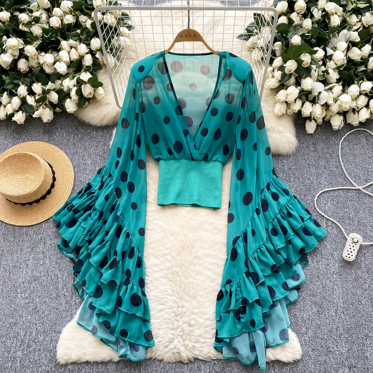 Sheer Cross V-Neck Waist-Cinched Flare-Sleeve Polka-Dot Top 8 Sheer Cross V-Neck Waist-Cinched Flare-Sleeve Polka-Dot Top - Image 8