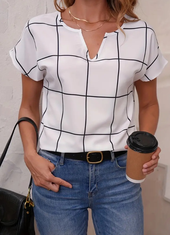 Plaid Print Notched Neck Blouse, Casual Short Sleeve Blouse For Spring & Summer, Women's Clothing 2 Plaid Print Notched Neck Blouse, Casual Short Sleeve Blouse For Spring & Summer, Women's Clothing - Image 2