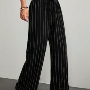 Plus Size High-Waisted Textured Wide-Leg Pants Pear-Shaped Body Slimming 2026 Summer Style Lazy Style Vertical Striped Wide-Leg Pants