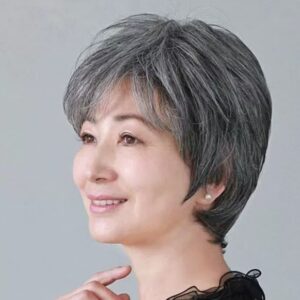 Women’s Short Straight Human Hair Wig – White Flower Mixed Color Natural Look Bob Wig for Elegant Fashion Style