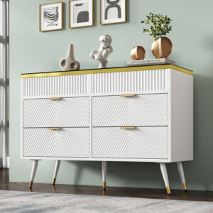 Sideboard Cabinet Dresser With 6 Drawers, Amber Glass Chest Of Drawers, Compartmentalised Storage,Anti-tip,Dressing Table For Living Room, Hallway, Bedroom, And Children's Room, 120 X 40 X 76 Cm, White