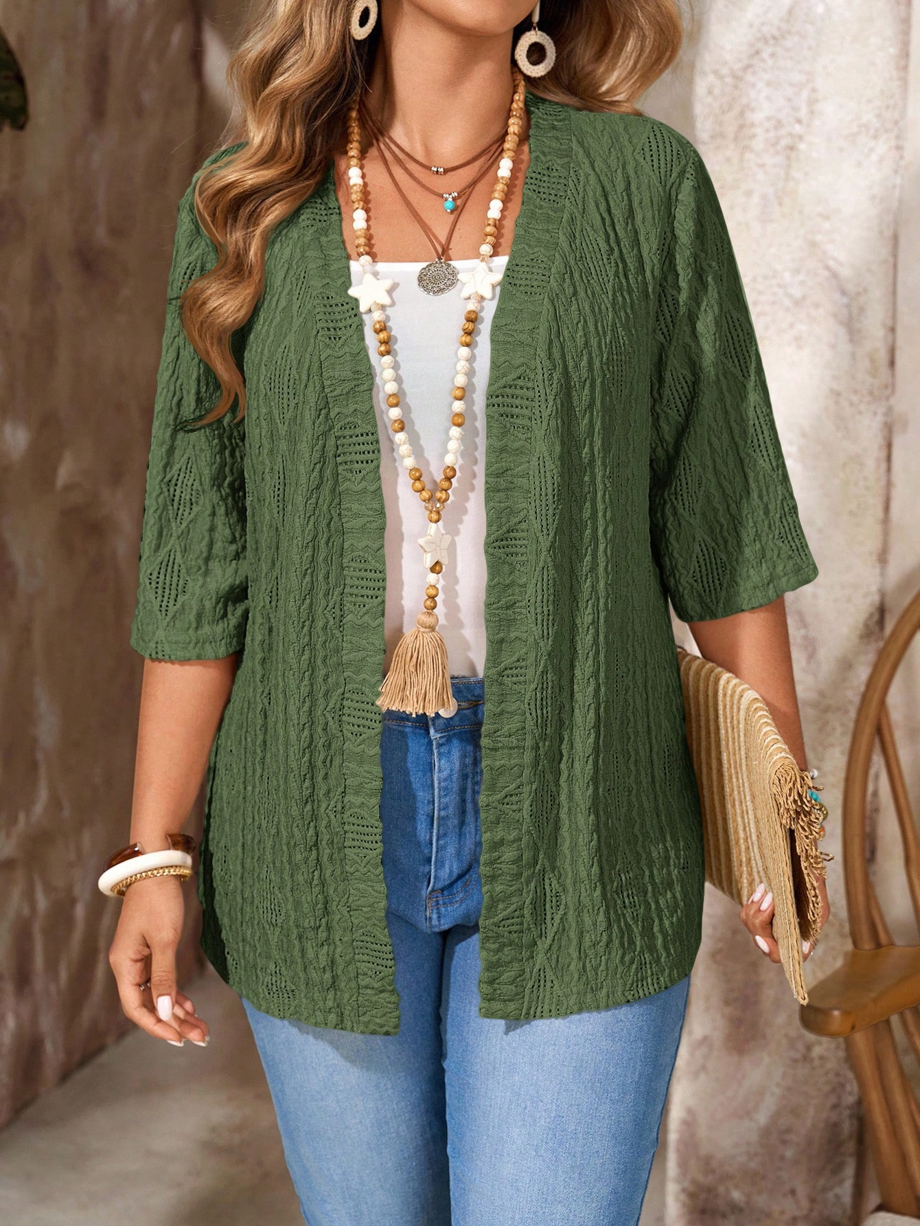 Women's Plus-Size Casual Hollow-Out Cardigan Solid-Colored Top 6 Women's Plus-Size Casual Hollow-Out Cardigan Solid-Colored Top - Image 6