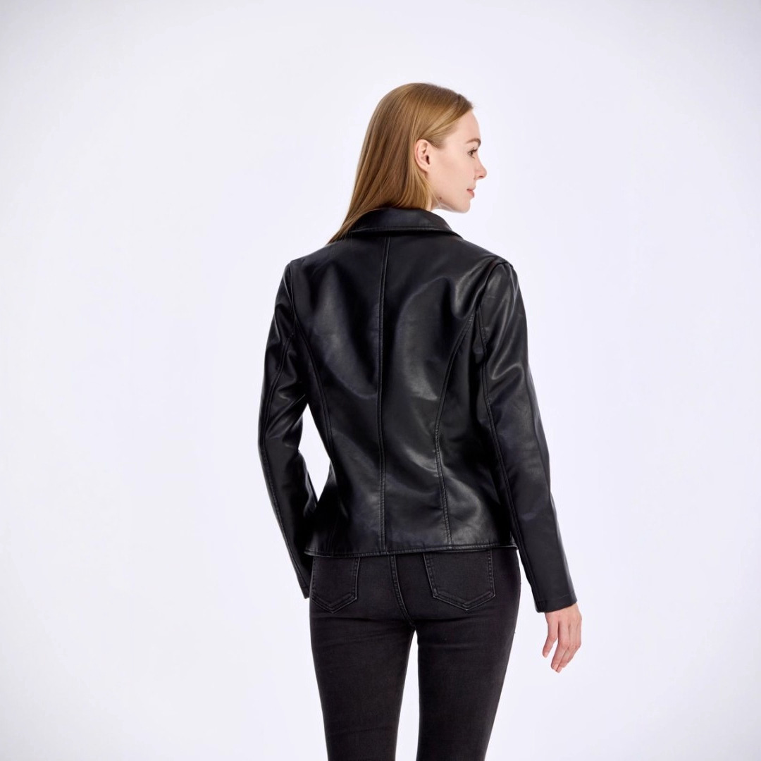 Womens Slim-fit Lightweight PU Leather Moto Jacket With A Turn-down Collar 5 Womens Slim-fit Lightweight PU Leather Moto Jacket With A Turn-down Collar - Image 5