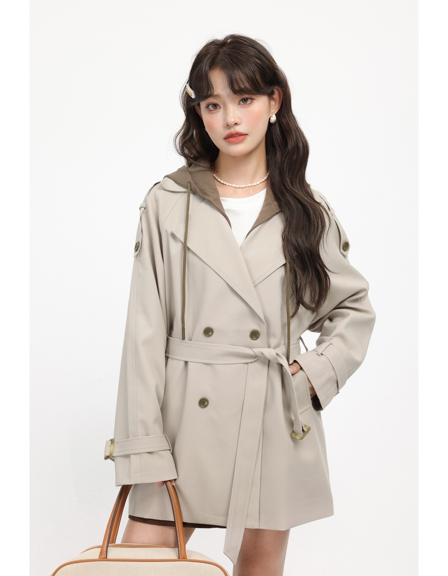French Hepburn-style Faux Two-piece Hooded Trench Coat 4 French Hepburn-style Faux Two-piece Hooded Trench Coat - Image 4
