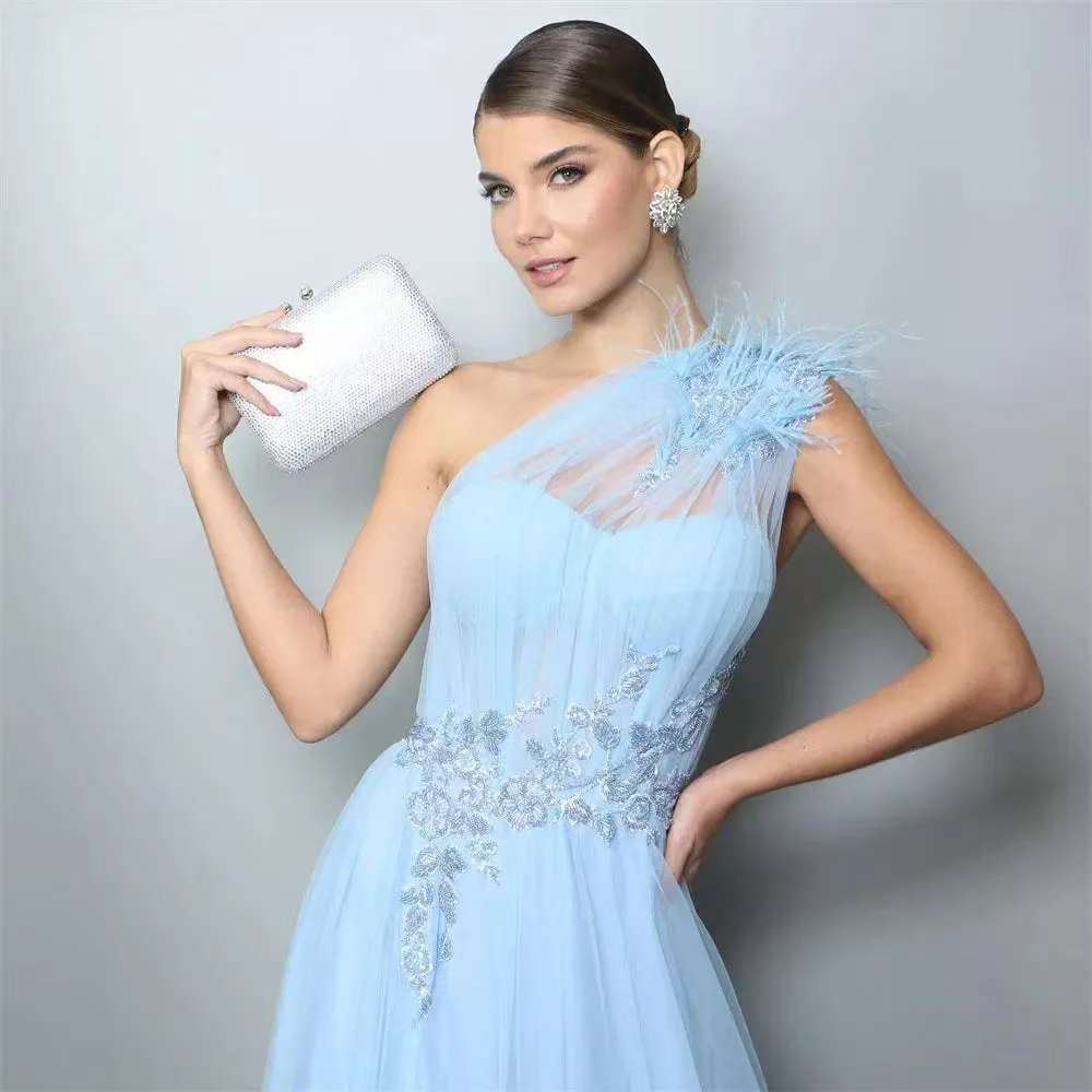 Blue One-shoulder Feather Wedding Dress 5 Blue One-shoulder Feather Wedding Dress - Image 5