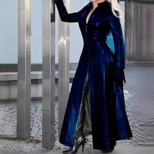 Women's Fashion Long Leather Coat With Stand Collar 6 Women's Fashion Long Leather Coat With Stand Collar - Image 6