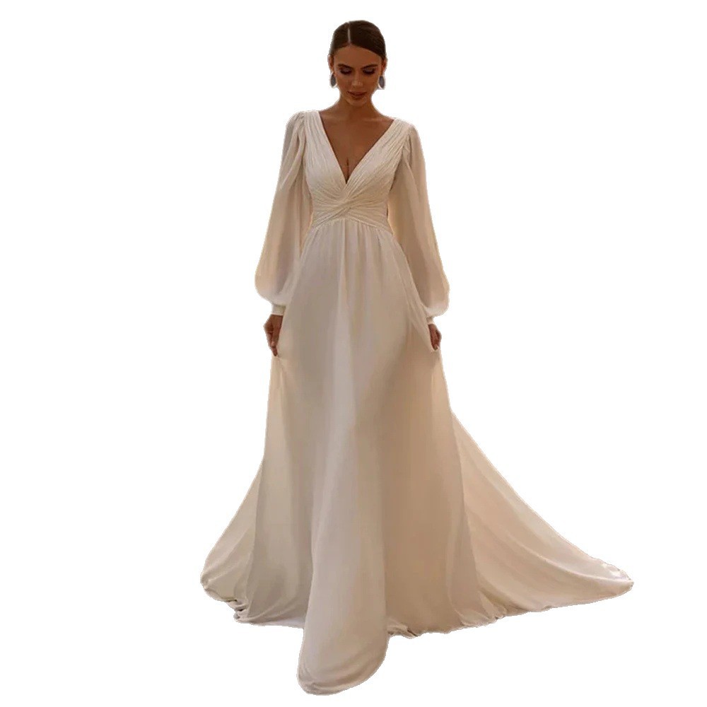 Bridal Chiffon Deep V Satin Long Sleeve Light Yarn Gown 4 Bridal Chiffon Deep V Satin Long Sleeve Light Yarn Gown - Image 4