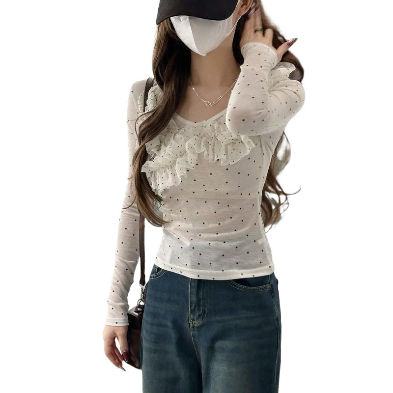 Slim-fit Polka-dot Lace Long-sleeve Shirt 2 Slim-fit Polka-dot Lace Long-sleeve Shirt - Image 2