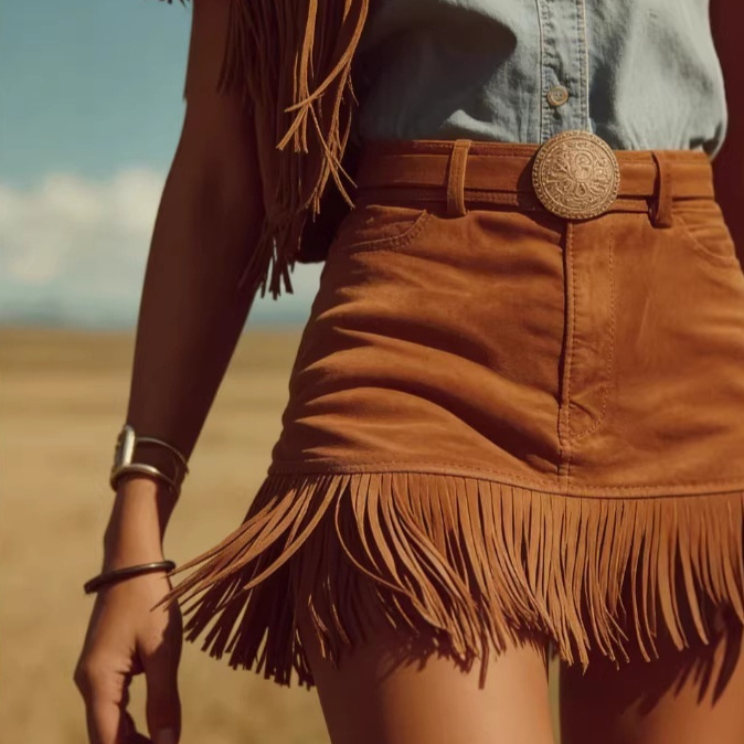 Western Retro Bohemian Style Caramel-Colored Faux Suede Fringe Skirt 1 Western Retro Bohemian Style Caramel-Colored Faux Suede Fringe Skirt