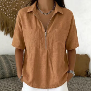 Loose-fit Lapel Short-sleeve Casual V-neck Zip-up Shirt