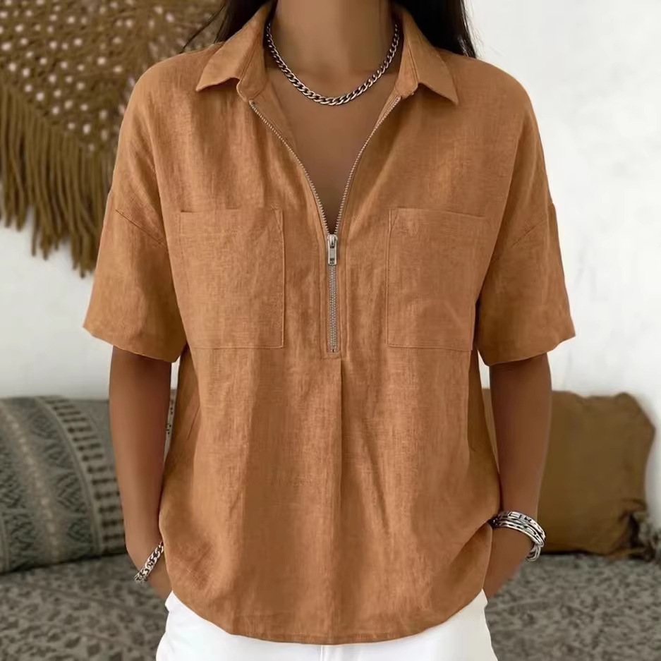 Loose-fit Lapel Short-sleeve Casual V-neck Zip-up Shirt 1 Loose-fit Lapel Short-sleeve Casual V-neck Zip-up Shirt