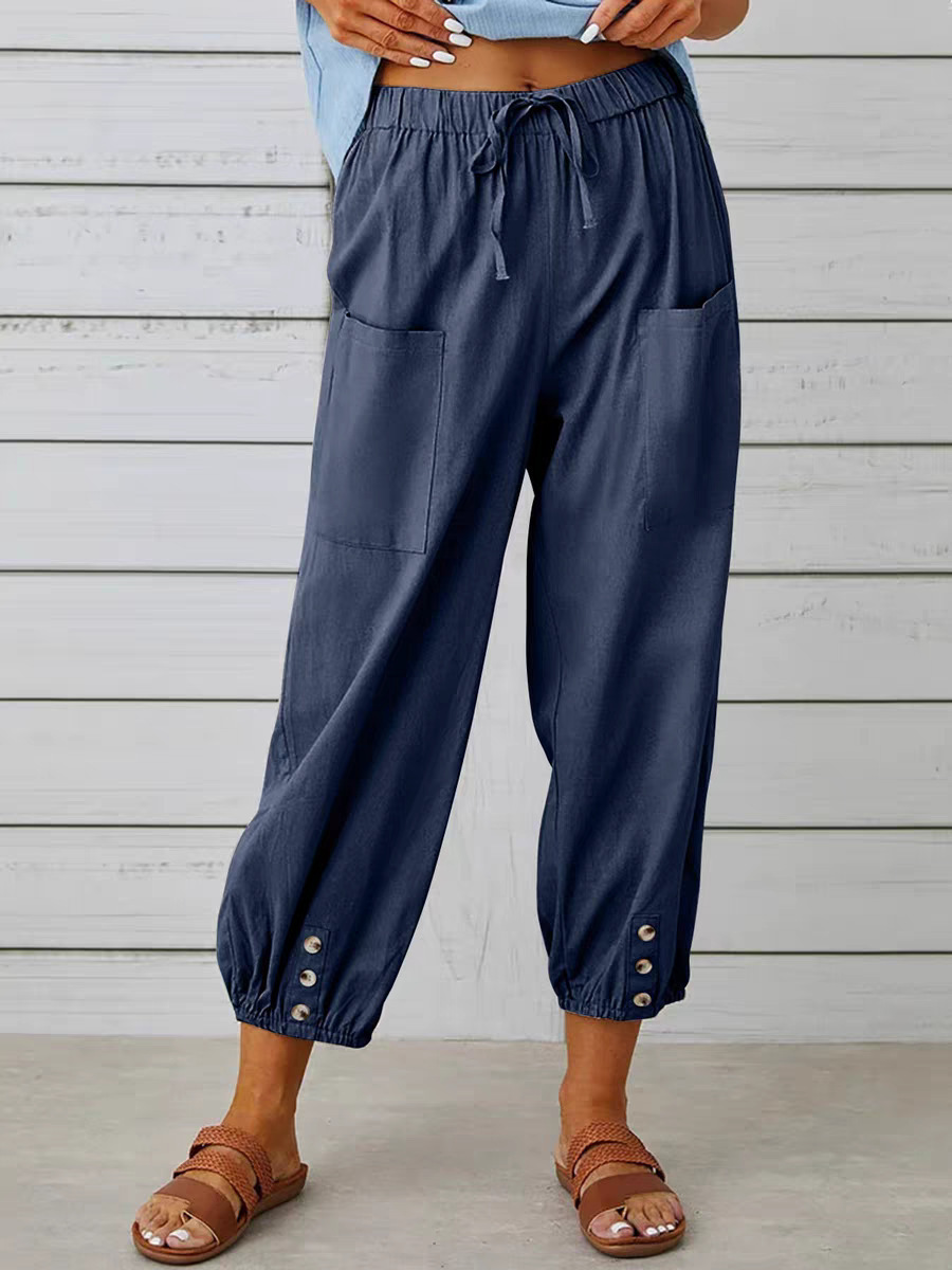 Buttoned Two-tone Linen Cropped Harem Pants 10 Buttoned Two-tone Linen Cropped Harem Pants - Image 10