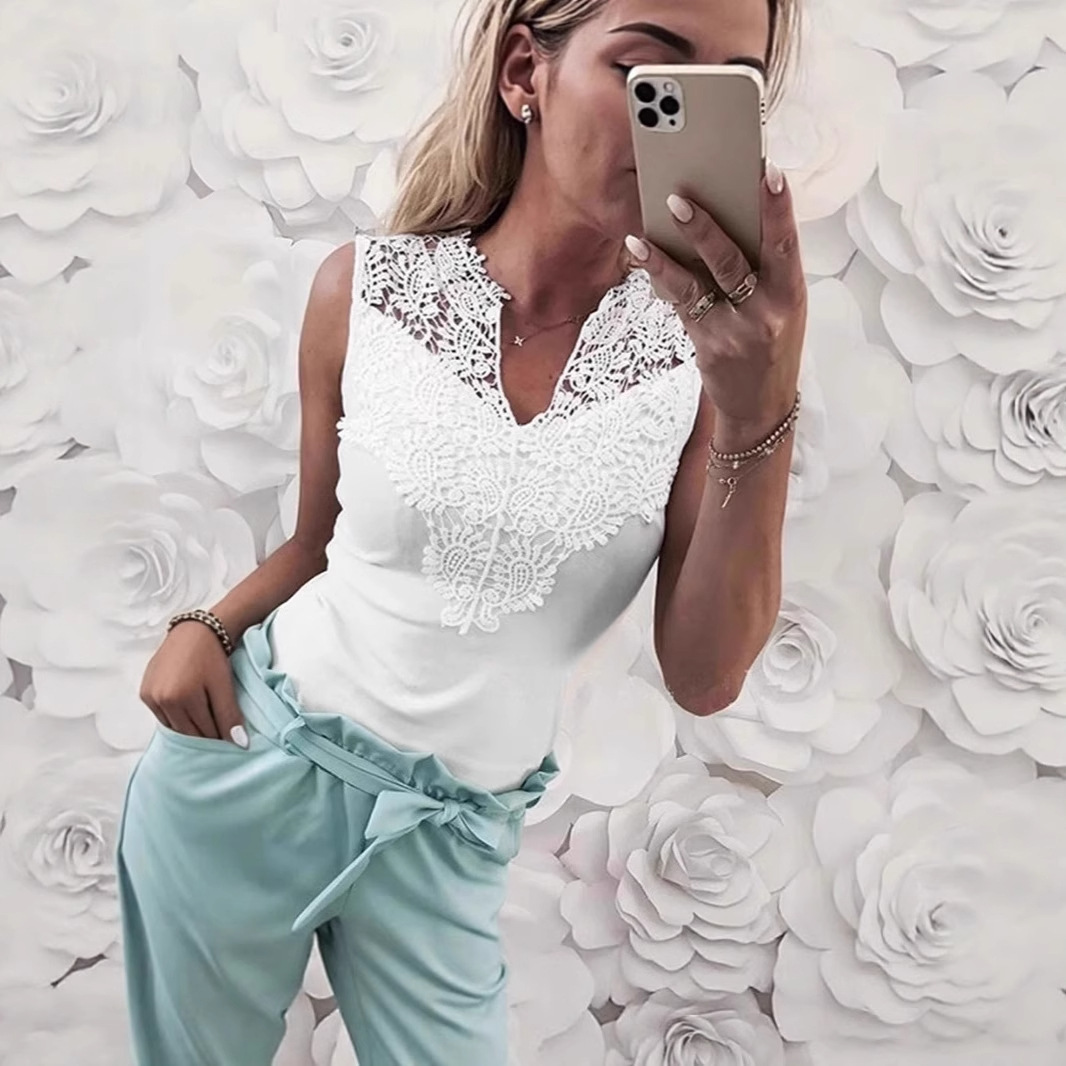 V-Neck Lace-trimmed Patchwork Sleeveless Pullover T-Shirt For Women 5 V-Neck Lace-trimmed Patchwork Sleeveless Pullover T-Shirt For Women - Image 5