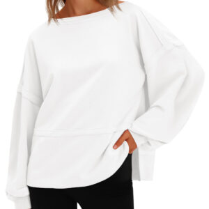 Fisoew Womens Casual Crewneck Sweatshirts Lantern Long Sleeve Side Slit Loose Sweatshirt Fall Crop Pullover Tops