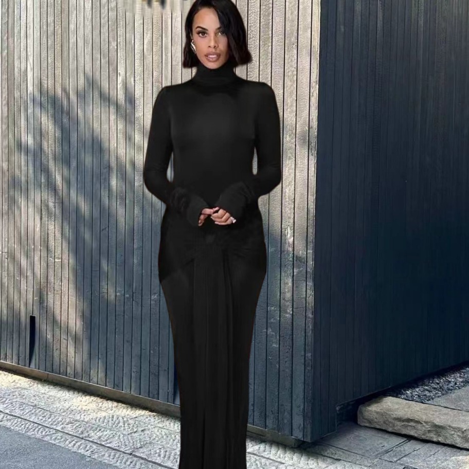 High Collar Solid Color European And American High-end Lace-up Design Dress 1 High Collar Solid Color European And American High-end Lace-up Design Dress