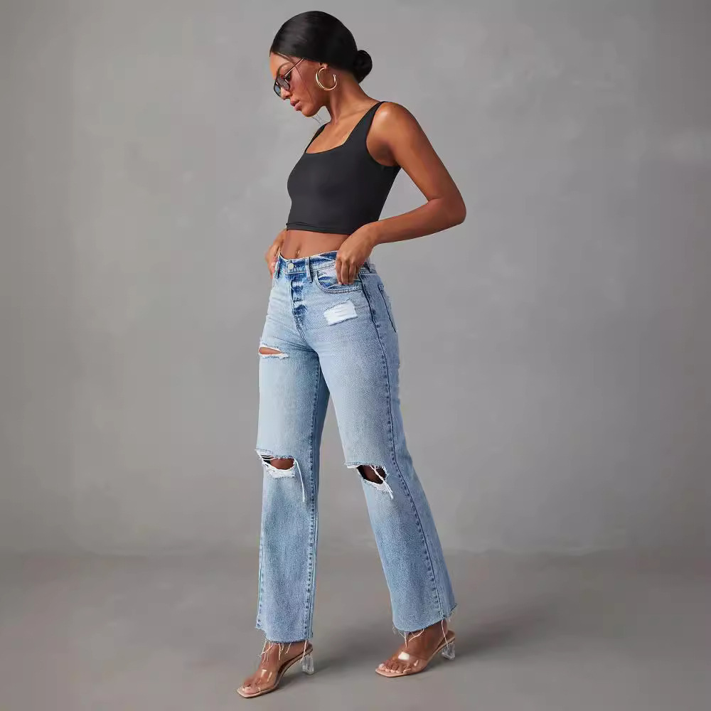 Ripped, Raw-Hem Denim Jeans Casual Washed Women's Straight-Leg Pants 3 Ripped, Raw-Hem Denim Jeans Casual Washed Women's Straight-Leg Pants - Image 3