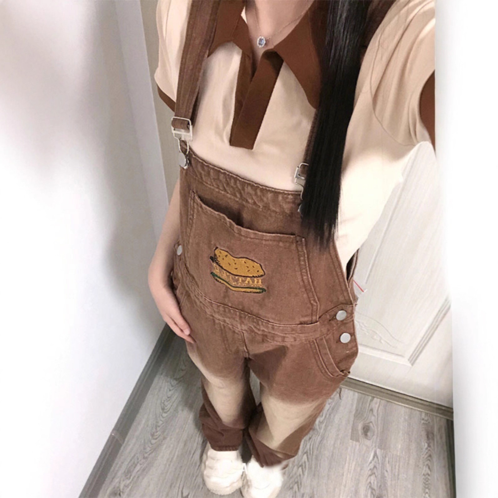 Youthful And Chic American-Style Burger Embroidery Denim Suspender Pants 1 Youthful And Chic American-Style Burger Embroidery Denim Suspender Pants